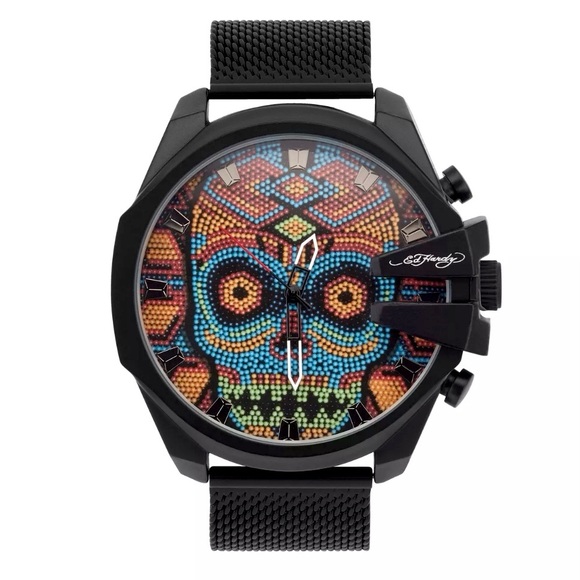 Ed Hardy Skull Men's Mesh Analog Watch Black NWT Multicolor - Picture 8 of 10